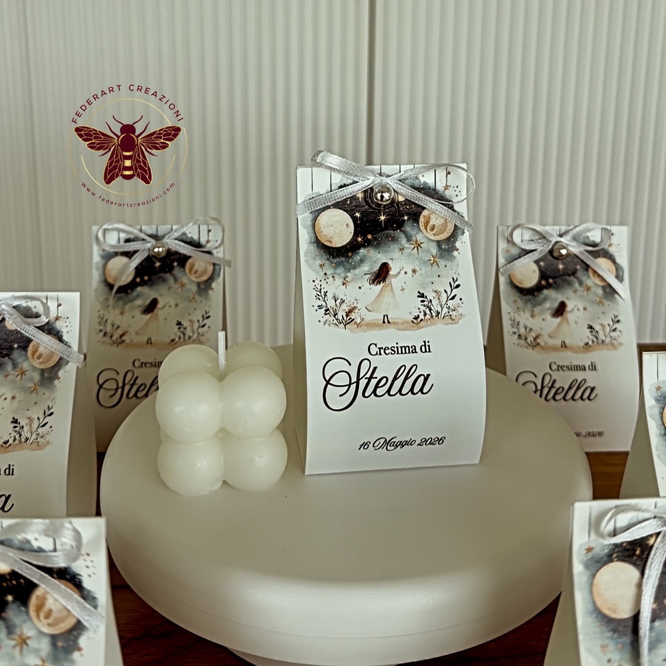 Bomboniera Cresima con scatolina personalizzata e candela decorativa a bolle