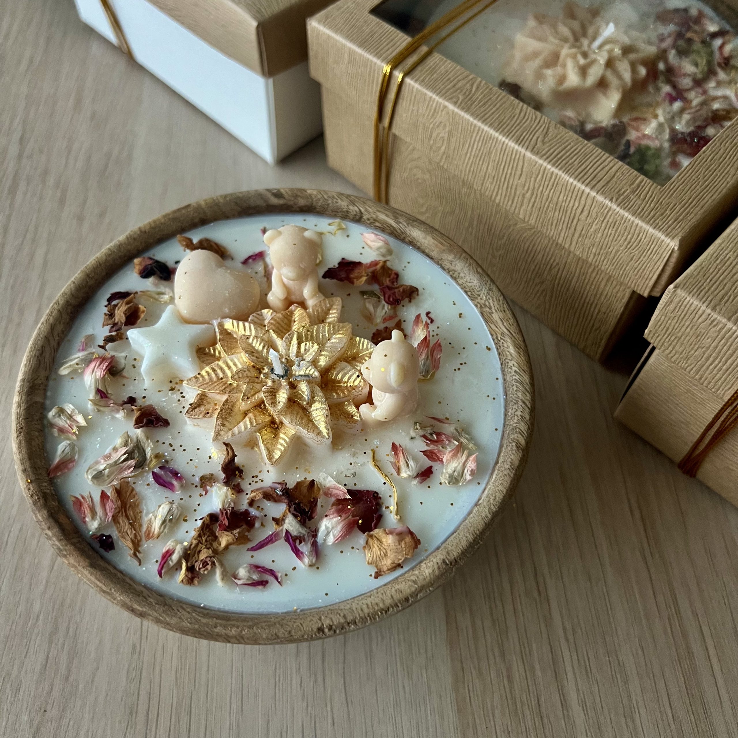 Handcrafted Candles in Wooden Bowl - Image 2
