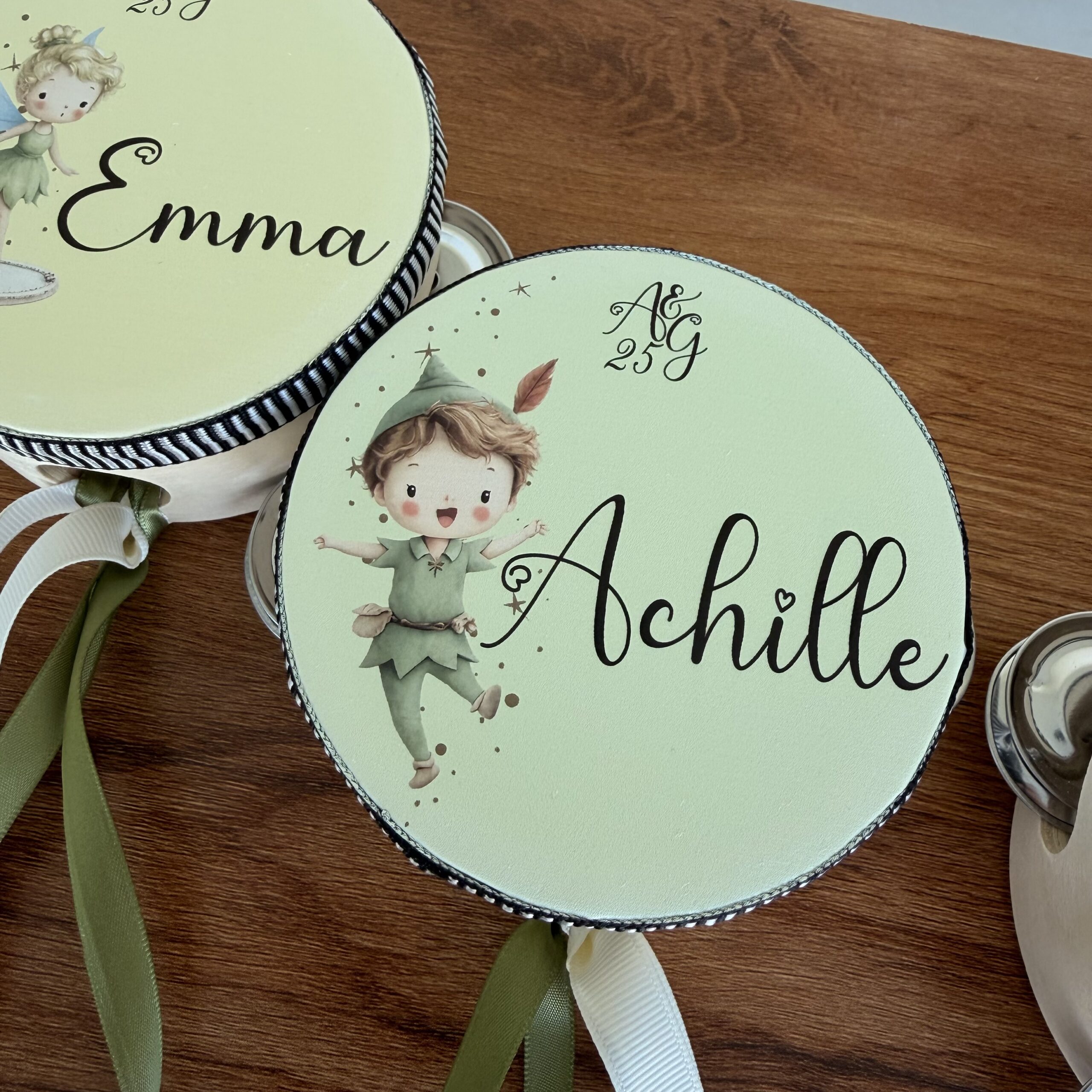 Tamburelli personalizzati con nome tema Peter Pan per feste e bomboniere
