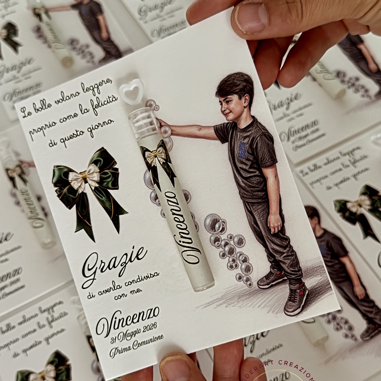 cartoncino con bolle personalizzate e foto stilizzata