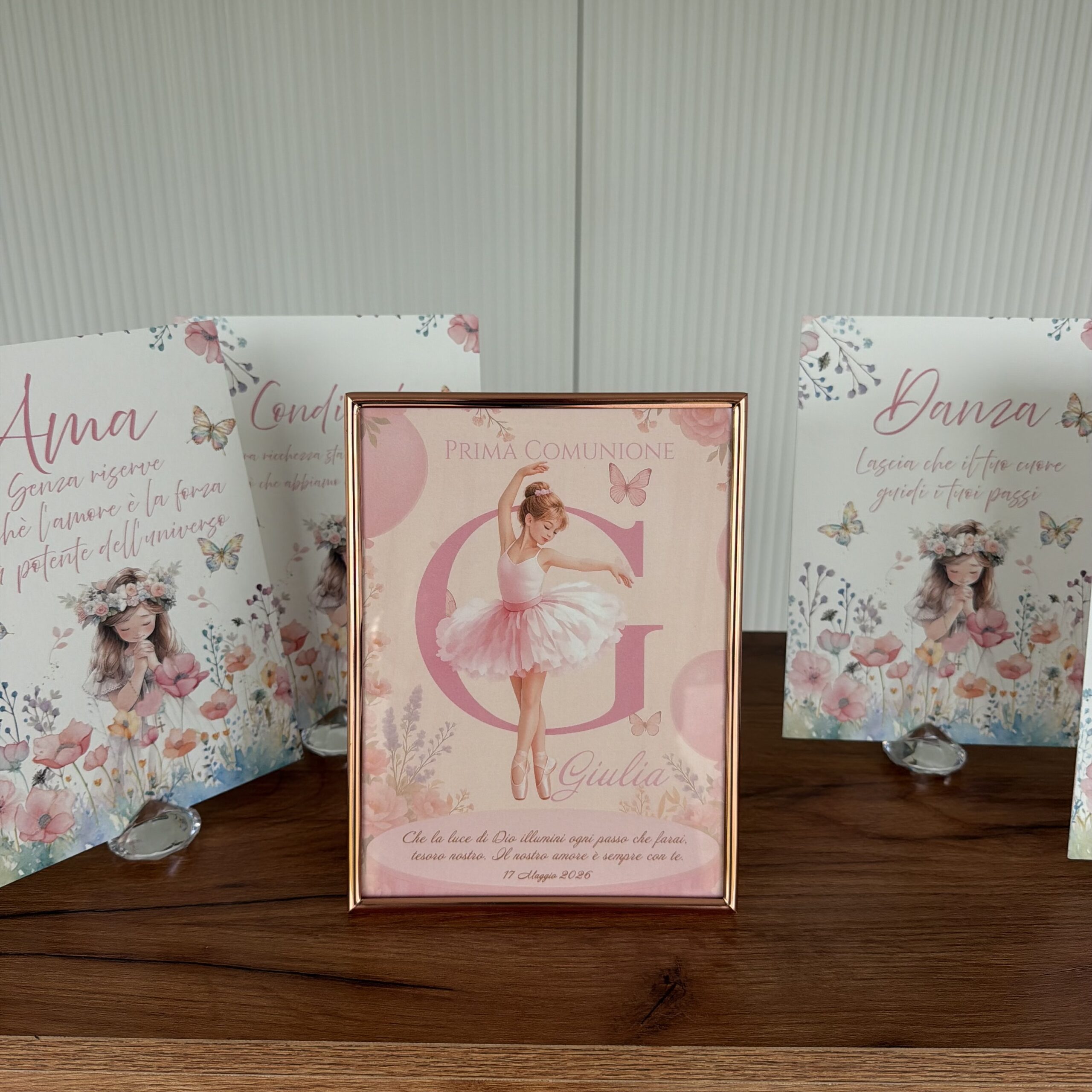 Cornice regalo Prima Comunione con nome personalizzato e grafica floreale