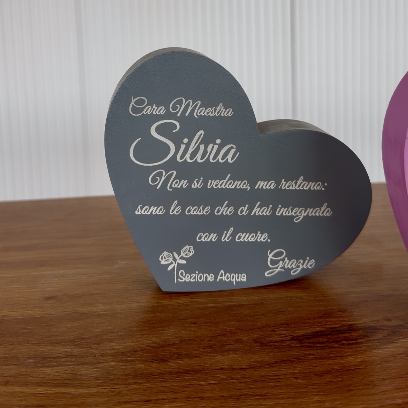 Engraved and painted plaster heart with teacher gift dedication